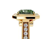 Halo Engagement Ring Setting for Fancy Green Radiant Cut Center with Outer Bezel Rim, Pave Band and Prong Head in Yellow Gold