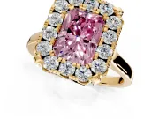 Single Halo Engagement Ring Setting for Fancy Pink Radiant Cut Center with Corner Claws, Plain Band and Prong Head in Yellow Gold