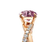 Crossover Engagement Ring Setting for Fancy Pink Round Cut Center with Pave and Plain Strands and Prong Head in Rose Gold