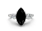 3 Stone Engagement Ring Setting for Fancy Black Marquise Center with Crossover Basket, Pave Band and Prong Head in White Gold