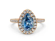 Halo Engagement Ring Setting for Fancy Blue Pear-Shaped Center with Raised Halo, Pave Band and Prong Head in Rose Gold
