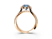 Halo Engagement Ring Setting for Fancy Blue Cushion Cut Center with Double Pave Split Shank and Prong Head in Rose Gold