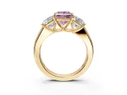 3 Stone Engagement Ring Setting for Fancy Pink Princess Cut Center with Raised Basket Heads and Prong Head in Yellow Gold