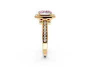 Halo Engagement Ring Setting for Fancy Pink Emerald Cut Center with Outer Bezel Rim, Pave Band and Prong Head in Yellow Gold