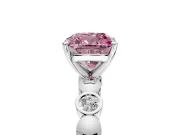 Solitaire Engagement Ring Setting for Fancy Pink Cushion Cut Center with Beaded Bezel Station Band and Prong Head in Platinum