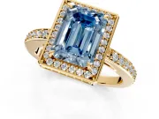 Halo Engagement Ring Setting for Fancy Blue Emerald Cut Center with Metal-Rimmed Halo, Pave Band and Prong Head in Yellow Gold