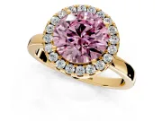 Halo Engagement Ring Setting for Fancy Pink Round Cut Center with Thin Plain Band and Prong Head in Yellow Gold