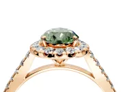 Halo Engagement Ring Setting for Fancy Green Pear-Shaped Center with Narrowing Pave Band and Prong Head in Rose Gold