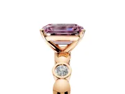 Solitaire Engagement Ring Setting for Fancy Pink Emerald Cut Center with Beaded Bezel Station Band and Prong Head in Rose Gold