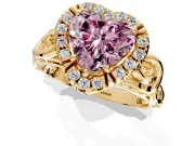 Halo Engagement Ring Setting for Fancy Pink Heart-Shaped Center with Open Scroll Shoulders and Prong Head in Yellow Gold