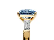3 Stone Engagement Ring Setting for Fancy Blue Radiant Cut Center with Tapered Baguettes, Plain Band and Prong Head in Yellow Gold