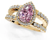 Halo Engagement Ring Setting for Fancy Pink Pear-Shaped Center with Wide-Open Pave Split Shank and Prong Head in Yellow Gold