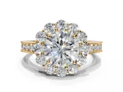 Halo Engagement Ring Setting for Round Cut Center with Milgrain Channel Band and Prong Head in Yellow Gold