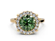 Single Halo Engagement Ring Setting for Fancy Green Round Cut Center with Corner Claws, Plain Band and Prong Head in Yellow Gold