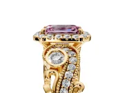 Milgrain Halo Engagement Ring Setting for Fancy Pink Emerald Cut Center with Shoulder Bezels and Prong Head in Yellow Gold