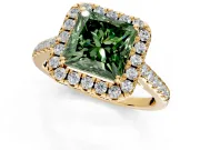 Halo Engagement Ring Setting for Fancy Green Princess Cut Center with Narrowing Pave Band and Prong Head in Yellow Gold