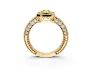 Milgrain Halo Engagement Ring Setting for Fancy Yellow Emerald Cut Center with Wide Pave Band and Prong Head in Yellow Gold