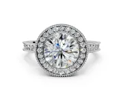 Halo Engagement Ring Setting for Round Cut Center with Milgrain Pave Band and Bezel Head in Platinum