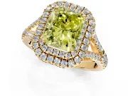 Double Halo Engagement Ring Setting for Fancy Yellow Radiant Cut Center with Narrow Pave Split Shank and Prong Head in Yellow Gold