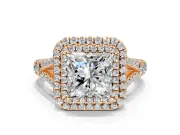 Double Halo Engagement Ring Setting for Princess Cut Center with Narrow Pave Split Shank and Prong Head in Rose Gold