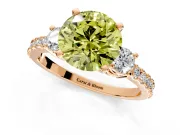 3 Stone Engagement Ring Setting for Fancy Yellow Round Cut Center with Round Cut Side Accents and Prong Head in Rose Gold