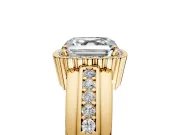 Halo Engagement Ring Setting for Asscher Cut Center with Wide Band, Inlaid Accent Row and Prong Head in Yellow Gold