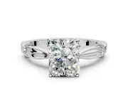 Solitaire Engagement Ring Setting for Radiant Cut Center with Carved Leaf Shoulders and Prong Head in Platinum