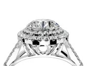 Double Halo Engagement Ring Setting for Round Cut Center with Narrow Pave Split Shank and Prong Head in Sterling Silver