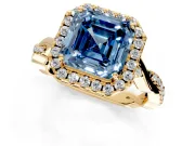 Halo Engagement Ring Setting for Fancy Blue Asscher Cut Center with Twist Band and Prong Head in Yellow Gold