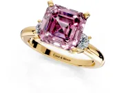 3 Stone Engagement Ring Setting for Fancy Pink Asscher Cut Center with Wide Plain Band and Prong Head in Yellow Gold