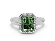 Halo Engagement Ring Setting for Fancy Green Radiant Cut Center with Knife Ridge Cathedral Band and Prong Head in Platinum
