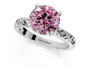 Solitaire Engagement Ring Setting for Fancy Pink Round Cut Center with Milgrain X Pattern Band and Prong Head in Platinum