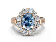 Large Accent Halo Engagement Ring Setting for Fancy Blue Oval Center with Pave Split Shank and Prong Head in Rose Gold
