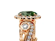 Milgrain Halo Engagement Ring Setting for Fancy Green Oval Center with Shoulder Bezels and Prong Head in Rose Gold
