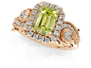 Milgrain Halo Engagement Ring Setting for Fancy Yellow Emerald Cut Center with Shoulder Bezels and Prong Head in Rose Gold