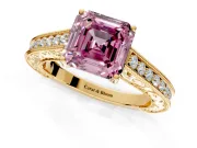 Solitaire Engagement Ring Setting for Fancy Pink Asscher Cut Center with Engraved Pave Band and Prong Head in Yellow Gold