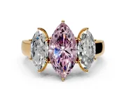 3 Stone Engagement Ring Setting for Fancy Pink Marquise Center with Raised Basket Heads and Prong Head in Yellow Gold