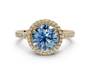 Halo Engagement Ring Setting for Fancy Blue Round Cut Center with Inner Milgrain Border and Prong Head in Yellow Gold