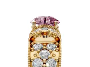 Pave Engagement Ring Setting for Fancy Pink Round Cut Center with Curved Accent Rows, Openwork and Prong Head in Yellow Gold