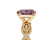 Solitaire Engagement Ring Setting for Fancy Pink Emerald Cut Center with Marquise Panel Band and Prong Head in Yellow Gold