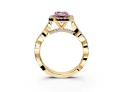 Halo Engagement Ring Setting for Fancy Pink Emerald Cut Center with Twist Band and Prong Head in Yellow Gold