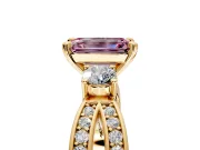 3 Stone Engagement Ring Setting for Fancy Pink Emerald Cut Center with Pave Twist Band and Prong Head in Yellow Gold