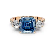 3 Stone Engagement Ring Setting for Fancy Blue Asscher Cut Center with Crossover Basket, Pave Band and Prong Head in Rose Gold