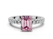 Solitaire Engagement Ring Setting for Fancy Pink Emerald Cut Center with Single Row Accent Band and Prong Head in White Gold