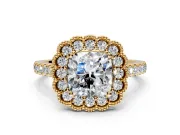 Milgrain Floral Halo Engagement Ring Setting for Cushion Cut Center with Pave Band and Prong Head in Yellow Gold