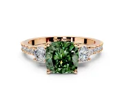 3 Stone Engagement Ring Setting for Fancy Green Cushion Cut Center with Round Cut Side Accents and Prong Head in Rose Gold