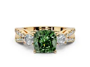 3 Stone Engagement Ring Setting for Fancy Green Cushion Cut Center with Pave Split Shank and Prong Head in Yellow Gold