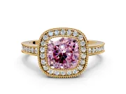 Halo Engagement Ring Setting for Fancy Pink Cushion Cut Center with Milgrain Halo, Pave Band and Prong Head in Yellow Gold