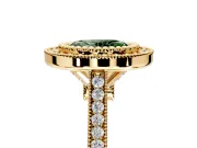 Halo Engagement Ring Setting for Fancy Green Oval Center with Milgrain Frame, Pave Band and Prong Head in Yellow Gold