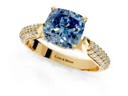 Solitaire Engagement Ring Setting for Fancy Blue Cushion Cut Center with Multi-Row Accents and Prong Head in Yellow Gold